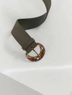 Ceintures^One Step Addict - Ceinture Large Kaki En Cuir Velours Certifie A Boucle Gravee